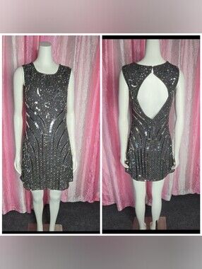 Frock and Frill Gray Exquisite Sequin Beaded  Lined Cocktail Dress Size 6